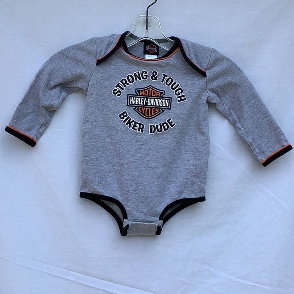 HARLEY DAVIDSON ONESIE “STRONG & TOUGH BIKER DUDE” size 24 mo. Long sleeve